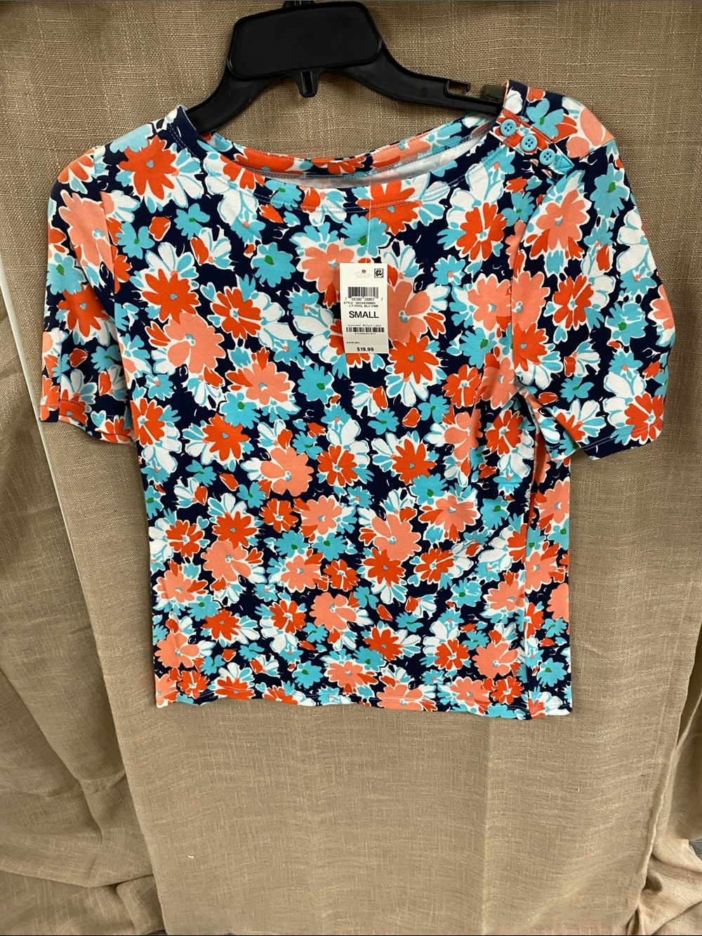Charter Club Navy Floral Crop Top with Coral & Aqua Blooms